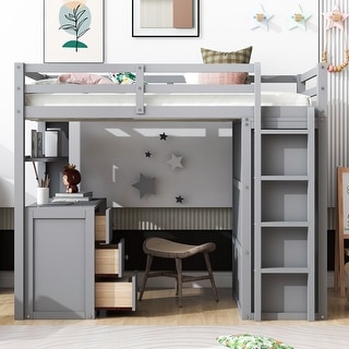 Versatility Twin Size Wooden Loft Bed with 3 Storage Drawers, Safety Guardrail Bed with Desk and Wardrobe
