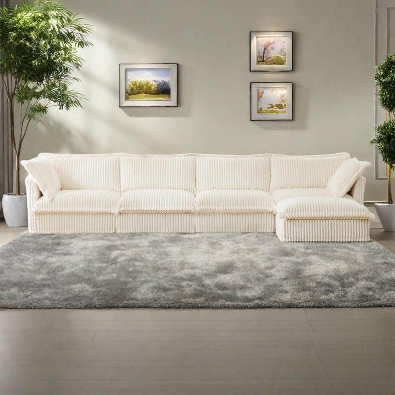 156.6" Corduroy L-Shaped Sectional Sofa with 4-Seater and 2 Pillows & Plush Armrests - Cream