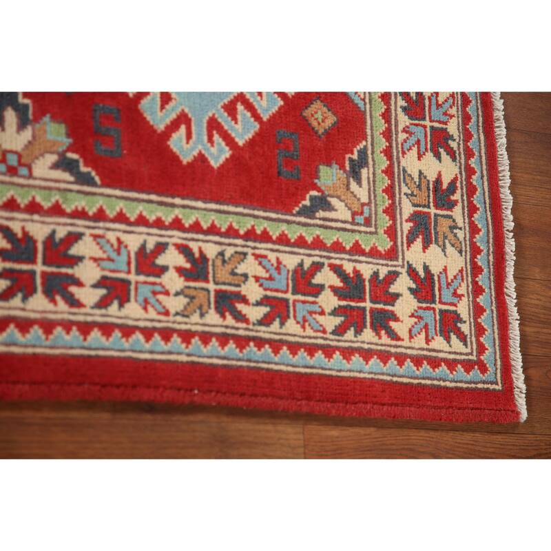 Geometric Red Kazak Rug Hand-Knotted Traditional Bedroom Wool Carpet - 3'4"x 4'10"