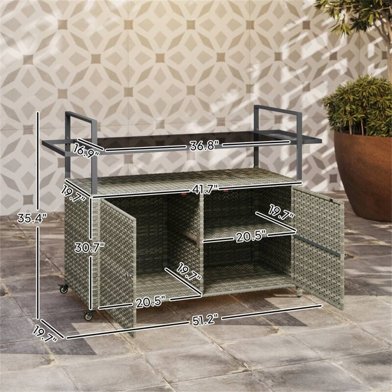 Outdoor Bar Cart PE Rattan Steel Tempered Glass Rolling Beverage Serving Cart with Storage - 51.25" W x 19.75" D x 35.5" H