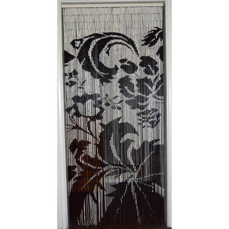 Handpainted Black and White Floral Indoor Bamboo Curtain - 36 x 80