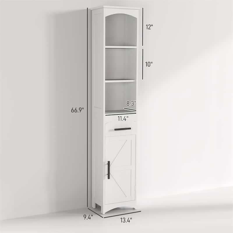 White Tall Cabinet with Drawer and Open Shelves Barn Door Style for Bathroom or Kitchen Use - 13.4" L x 9.4" W x 66.9" H