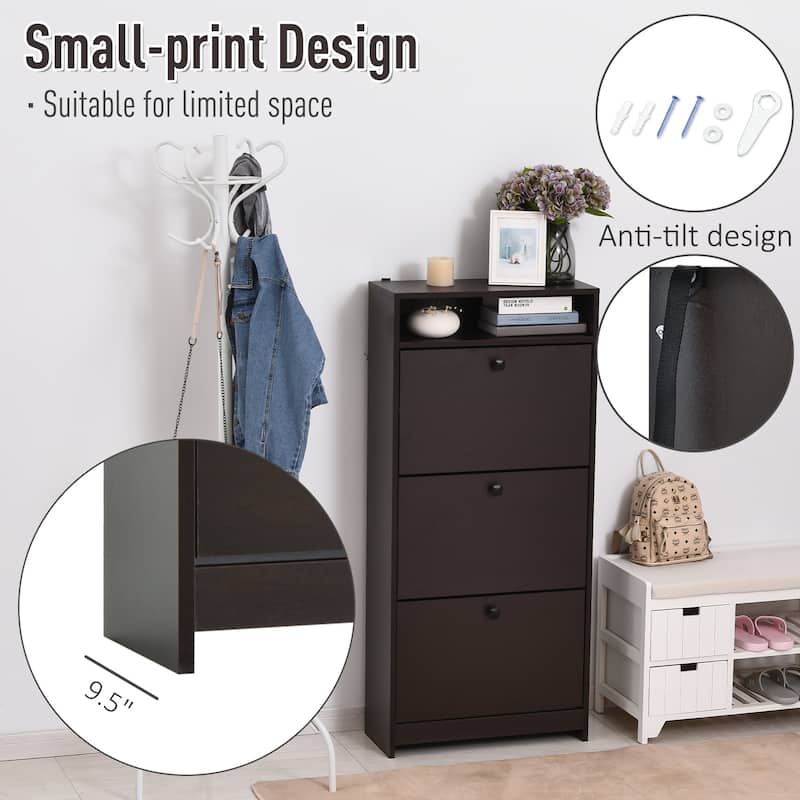 Slim Shoe Cabinet, Trendy Shoe Storage Cabinet with 3 Large Fold-Out Drawers & a Spacious Top Surface for Small Items