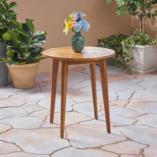 slide 2 of 6, Stamford Outdoor Acacia Bistro Table with Straight Legs by Christopher Knight Home Teak Finish