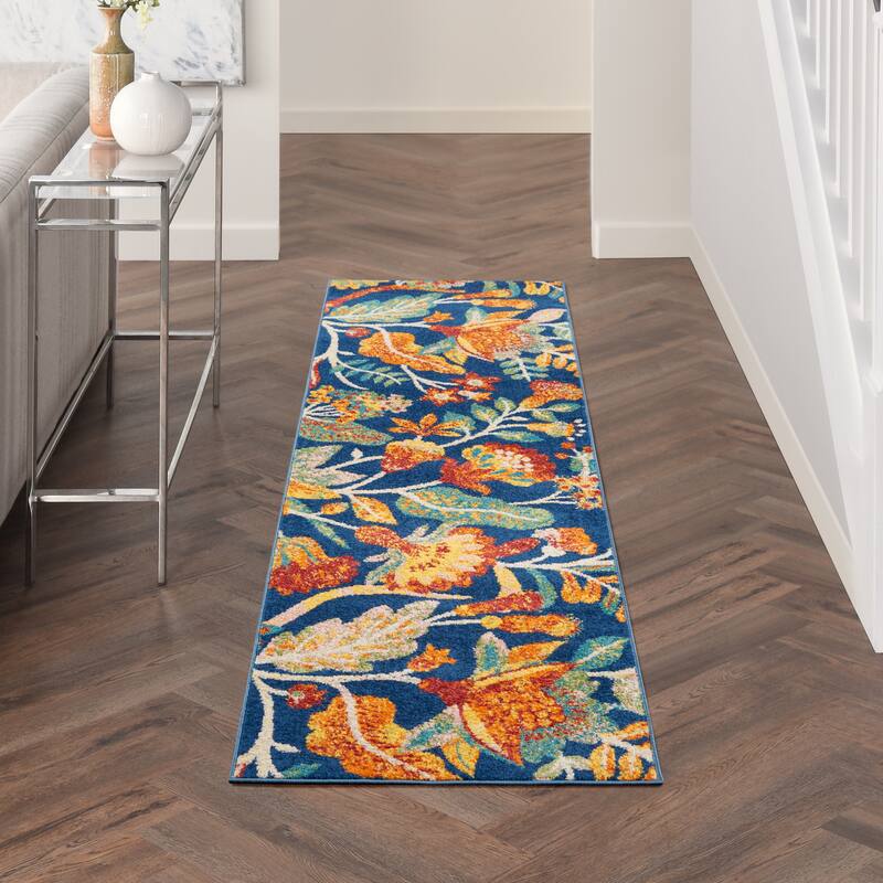 Nourison Allur Modern Floral Botanical Area Rug - 2'3" x 7'6" Runner - Navy Multicolor - Rectangle
