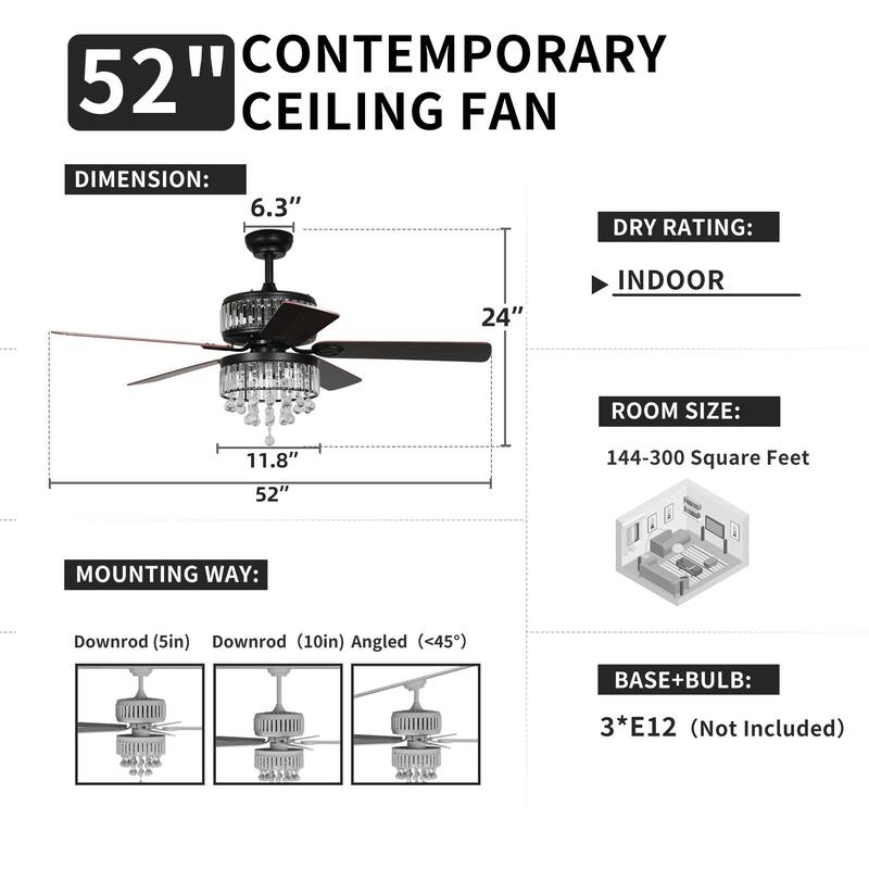 Moasis 52" Chandelier Crystal Ceiling Fan Light with Remote Control