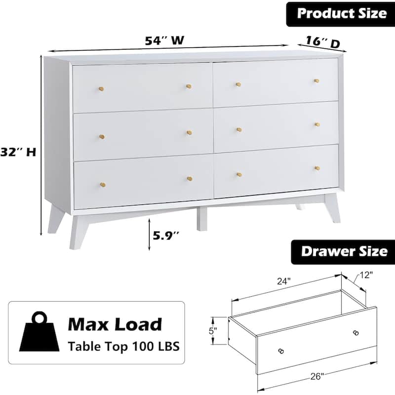Mid Century Modern 6 Drawer Wood Dresser, Chest of Drawers, TV Stand