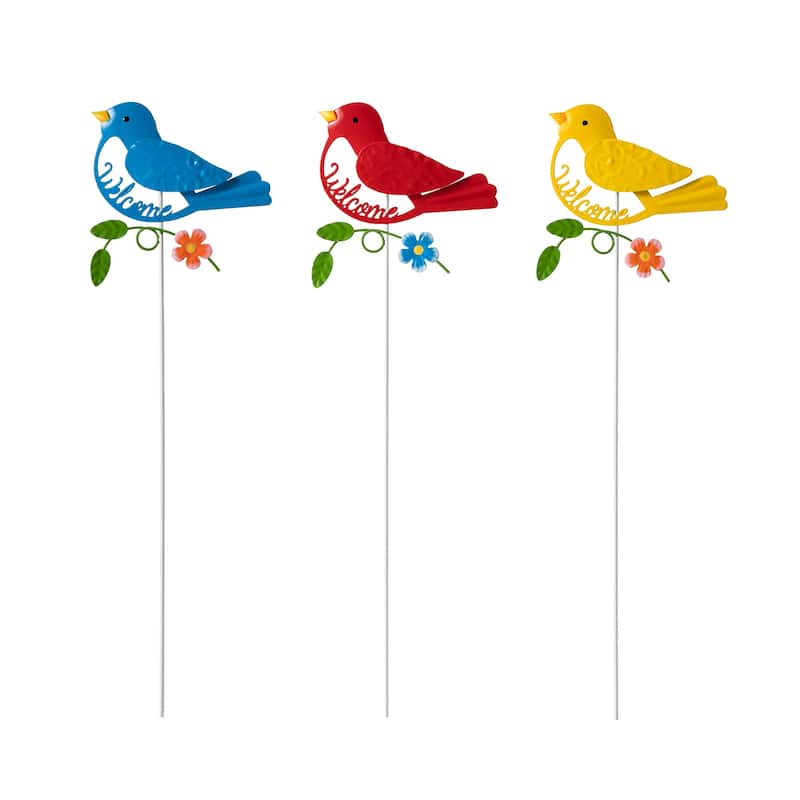 Glitzhome Set of 3 Metal Spring Garden Butterfly Birds Yard Stakes