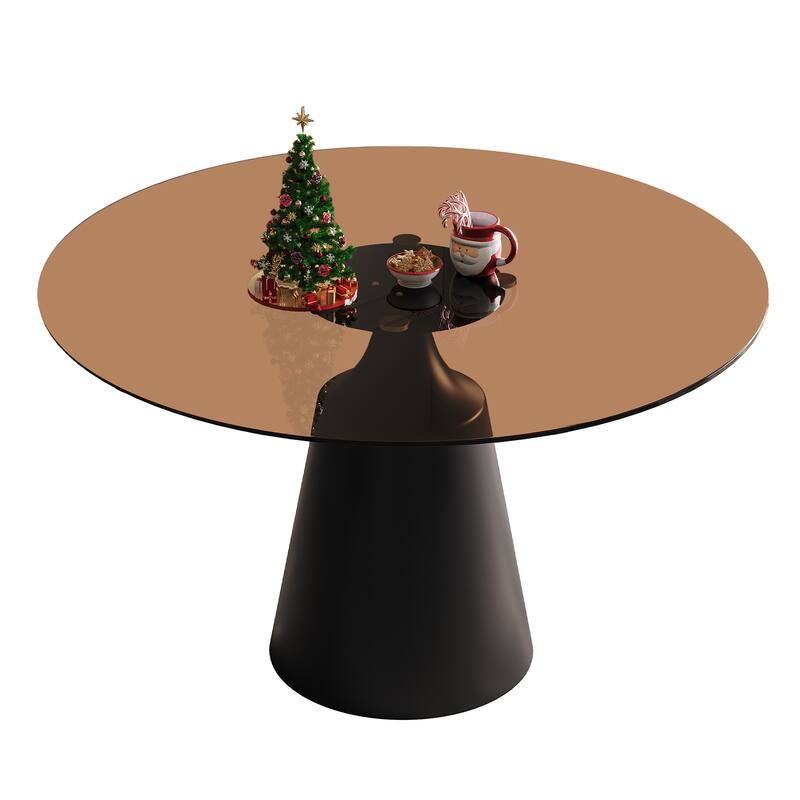 Roomfitters 35 Inch Round Dining Table, Mid-Century Modern Pedestal Kitchen Table with Tempered Glass Top - Amber,Black