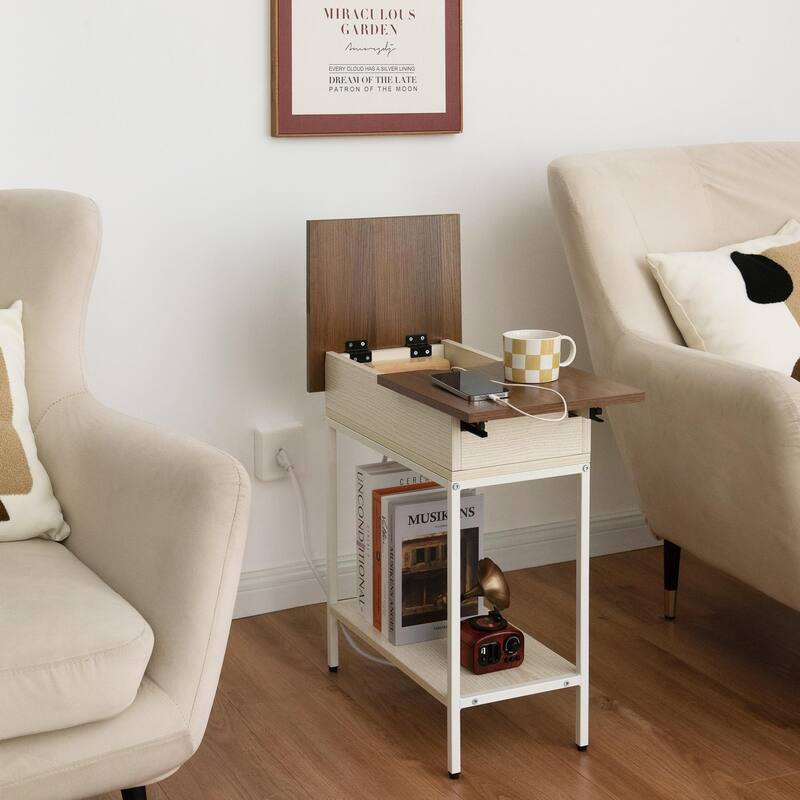 Flip Top Narrow End Table with Storage and Built-In Outlets, Small Side Table