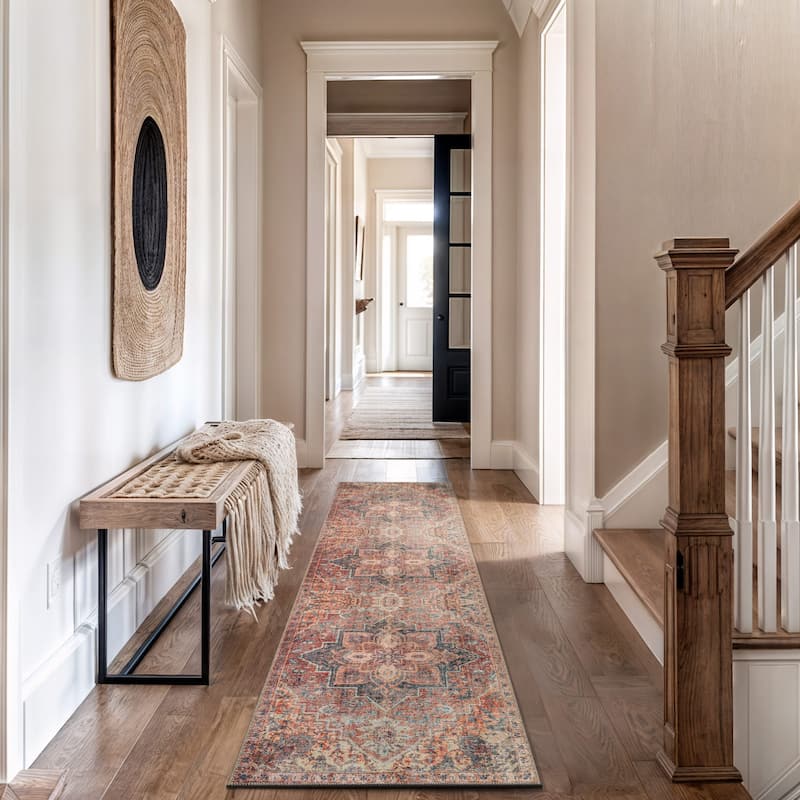 Beige Floral Medallion Washable Rug - Low Pile, Non-Slip - Multi - 2'6" x 8'