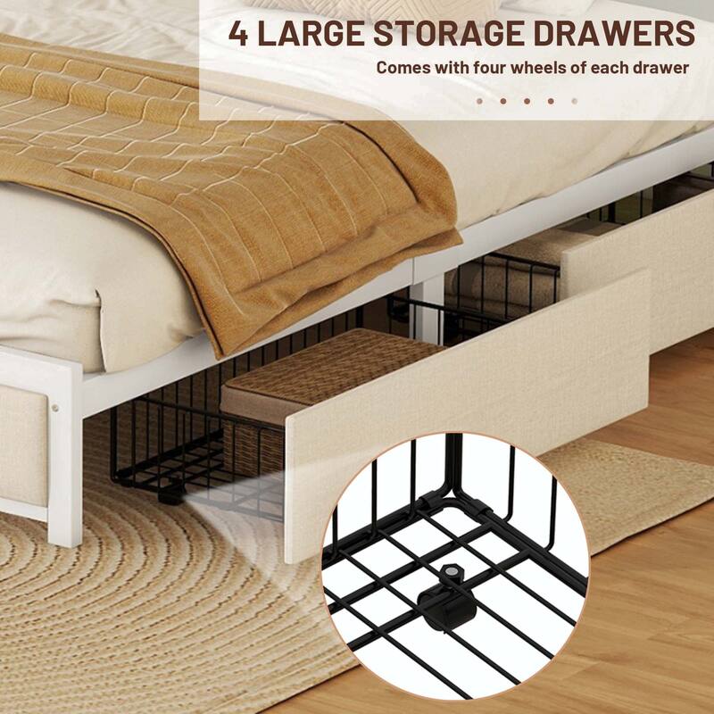 Queen Linen Storage Bed with LED Headboard and USB Ports Bed Bath