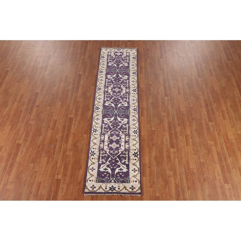 Purple & Ivory Oushak Oriental Runner Rug Hand-Knotted Wool Carpet - 2'6"x 9'9"