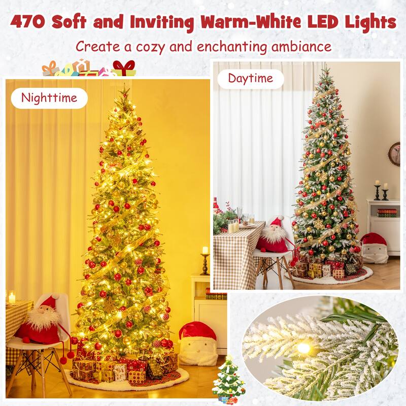 Gymax 6/7.5/9 FT Pre-Lit Artificial Christmas Tree Snow Flocked Hinged