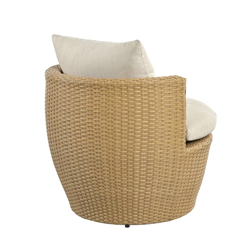 Roomfitters Outdoor Chat Set 3 Piece Boho Faux Wicker Glass Top Table Cushioned, Light Brown