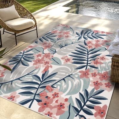 Gertmenian Tara Nelly Tropical Floral Botanical Grey Cream Pink Blue Indoor/ Outdoor High-Low Area Rug