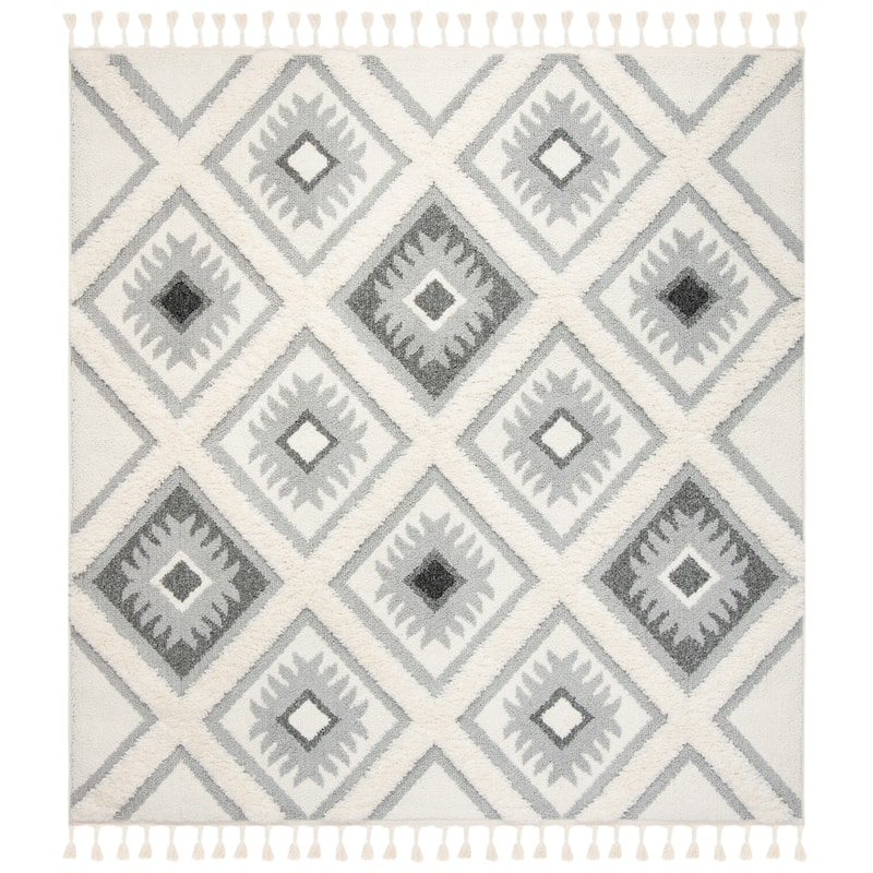 SAFAVIEH Moroccan Tassel Shag Zheljazka 2-inch Thick Rug - 6'7" Square - Ivory/Grey