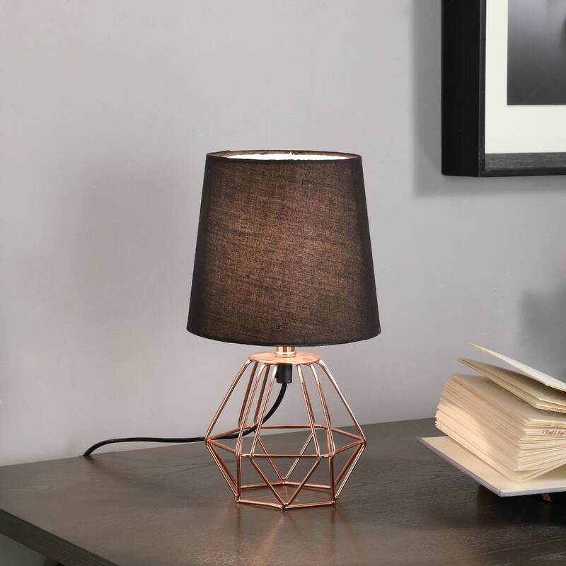 11'' Copper Geometric Table Lamp with Black Cotton Shade Modern Bedside or Desk Light with Inline Switch - 6.5" x 6.5" x 11.25"