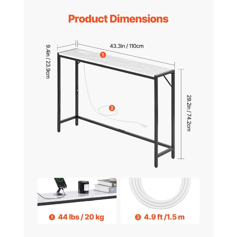 Modern Marble Console Table with Power Outlet for Living Room - 43.3 x 9.4 x 29.2 in