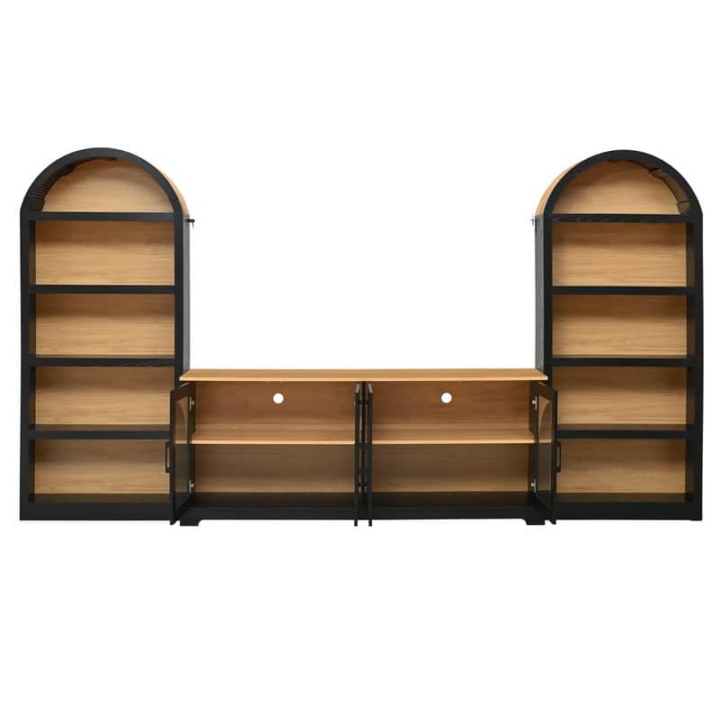 Farmhouse 3-Piece TV Stand Set for TVs Up to 70", Entertainment Center with Arched Sideboard and Glass Doors for Living Room