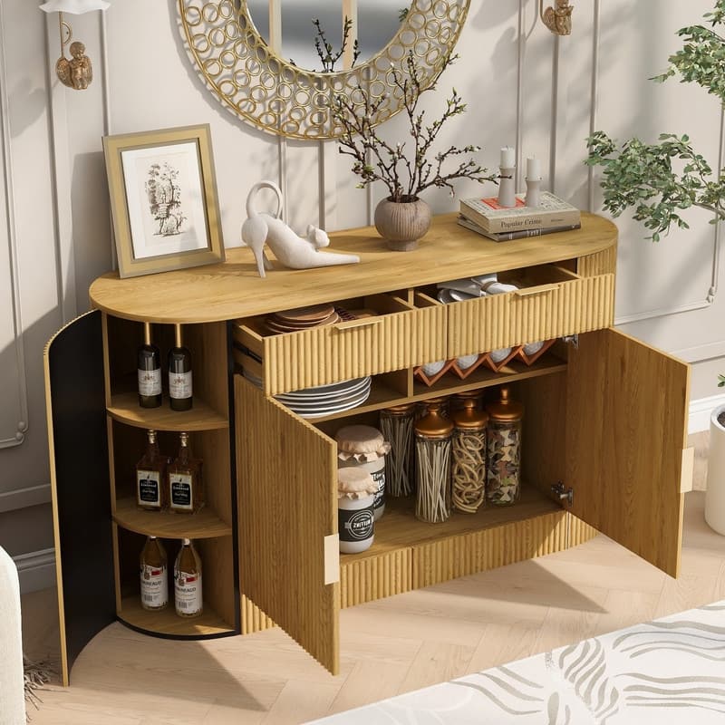 Modern 55.1" Sideboard Buffet Cabinet with 2 Curved Side Door and 2 Drawers for Living Room and Dining Area