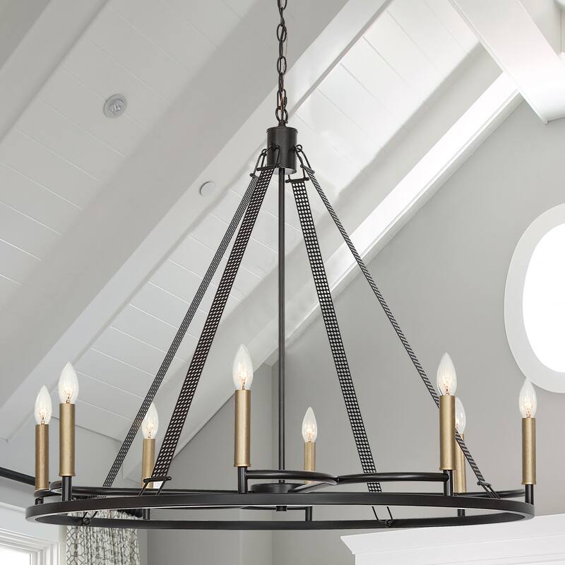 Modern 8 - Light Wagon Wheel Candle Style Chandelier - 36.22"x36.22"x31.69" - Classic Black; Contemporary Brass Dust