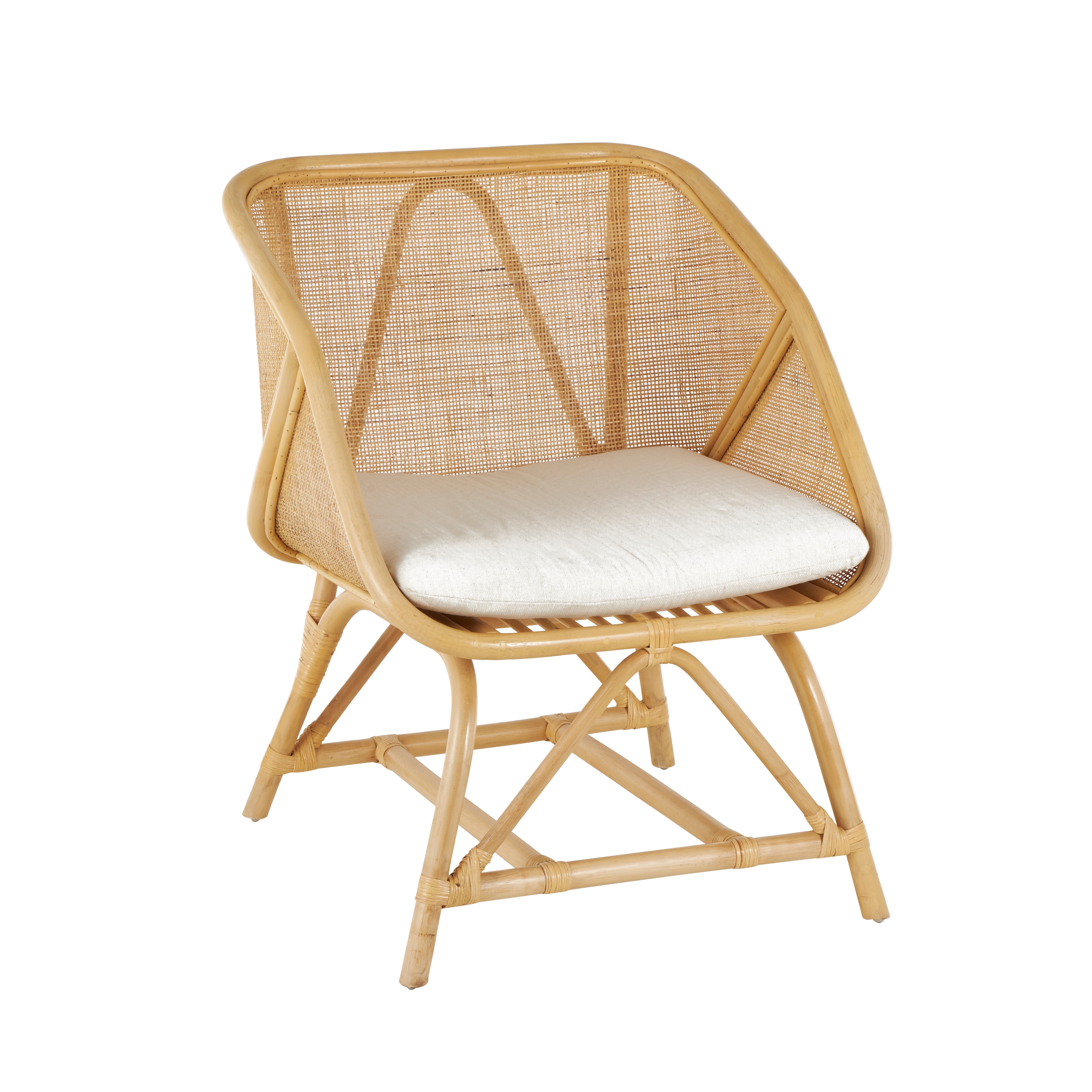 Light Brown Rattan Woven Squared Living Room Accent Chair with White Fabric Cushion