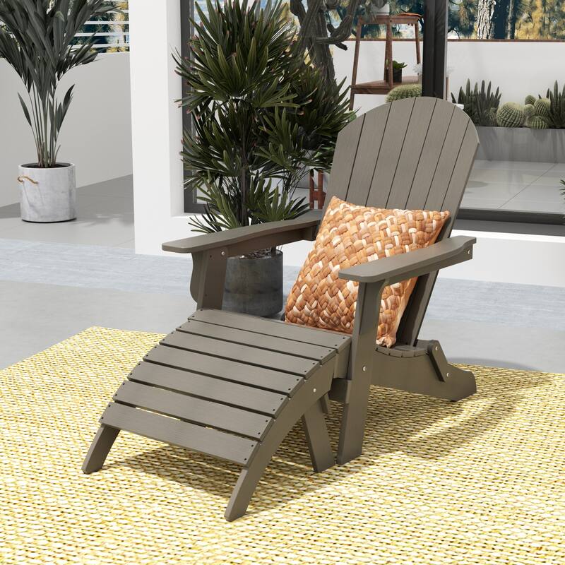 Vineyard HIPS Outdoor Folding Eco-Friendly All Weather Seashell Adirondack Chair with Ottoman (2-Piece Set) - Charcoal Gray