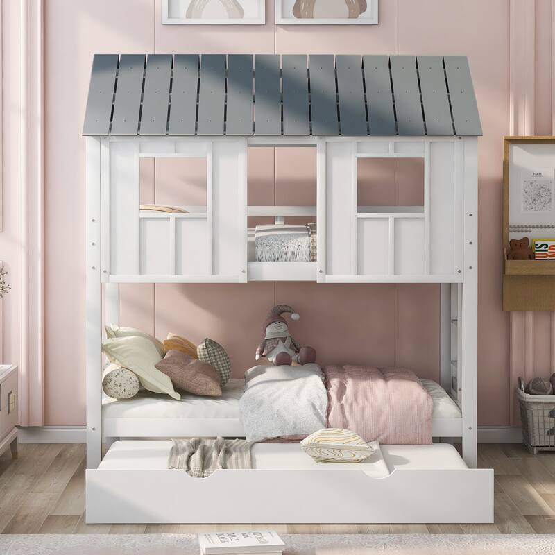 Twin Size House Bunk Bed with Trundle, Roof and Windows in White and Grey