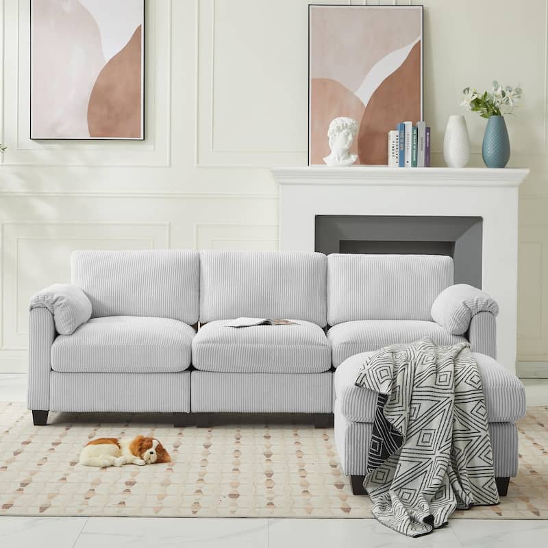 Corduroy Sectional Sofa with a Removable Ottoman, L-shaped Reversible 4-seat Modular Couch