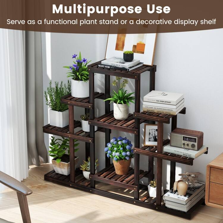 Brown Pine Wood 6-Tier Plant Stand with 9 Shelves for Indoor and Outdoor - 47" x 10" x 38"