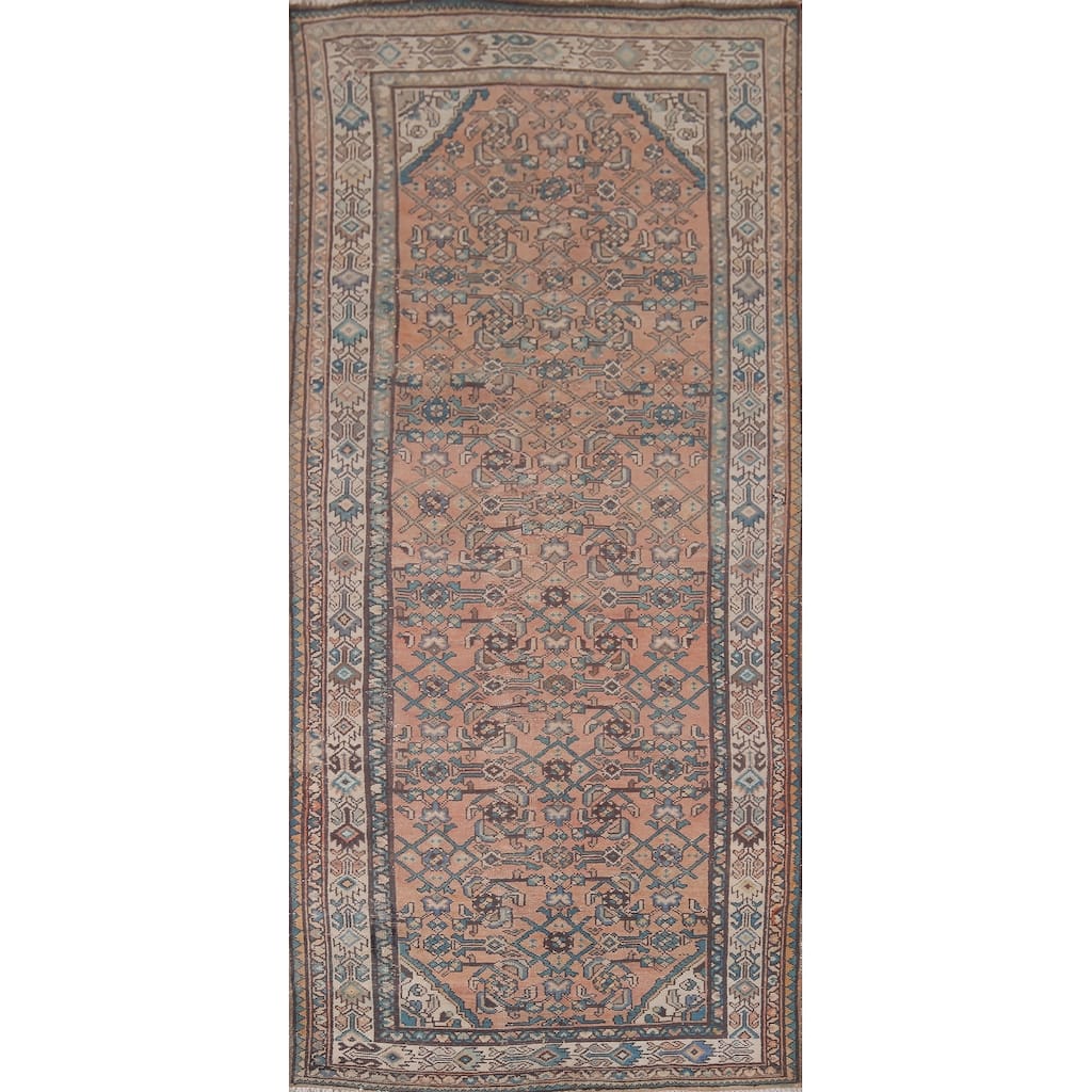 Geometric Hamedan Vintage Persian Runner Rug Handmade Wool Carpet - 3'9" x 8'8"