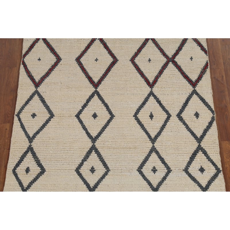 Modern Geometric Moroccan Runner Rug Hand-Knotted Wool Carpet - 3'11"x 11'7"
