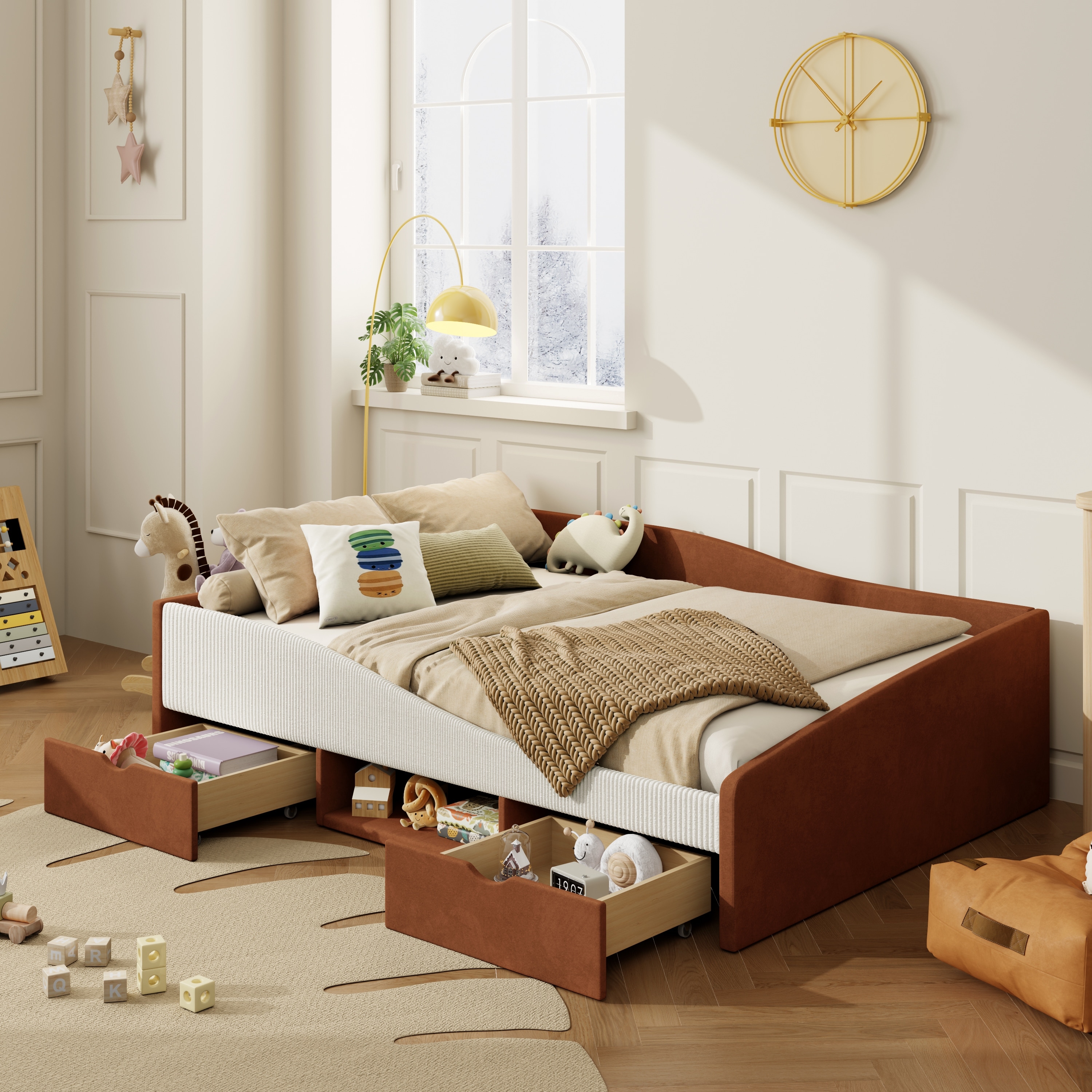 Upholstered Daybed Frame with 2 Drawer Chic Streamlined Guardrail