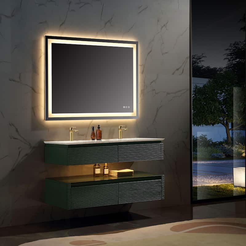 Modland 36/48 Inch LED Floating Vanity with Marble Top & Soft-Close Drawer - Green/White, Wall Drain Ready