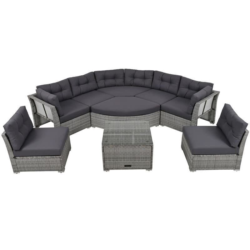 Outdoor Rattan Sectional Daybed Set – Complete with Plush Cushions & Center Table . - Grey
