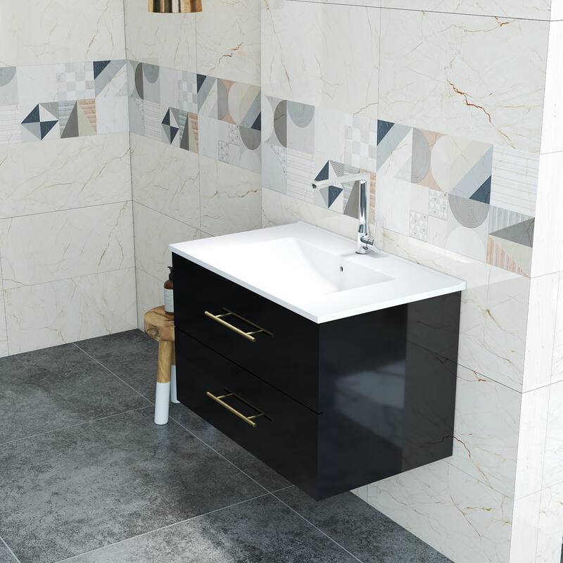 30-Inch Gloss Wall-Mounted Bathroom Vanity with Sink Combo, Double Drawers,Ceramic Sink,Long Metal Handle