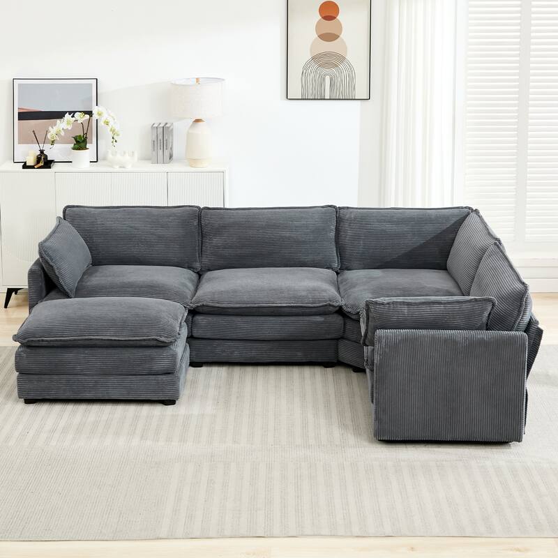 5-Seater Corduroy Sectional Sofa with a Removable Ottoman & Corner Seat, Soft & Comfortable - 4 Seats with 1 Ottoman