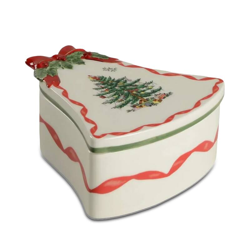 Spode Christmas Tree Ribbon Bell Shaped Box - 2" H x 5.3" L - 2" H x 5.3" L - Multi