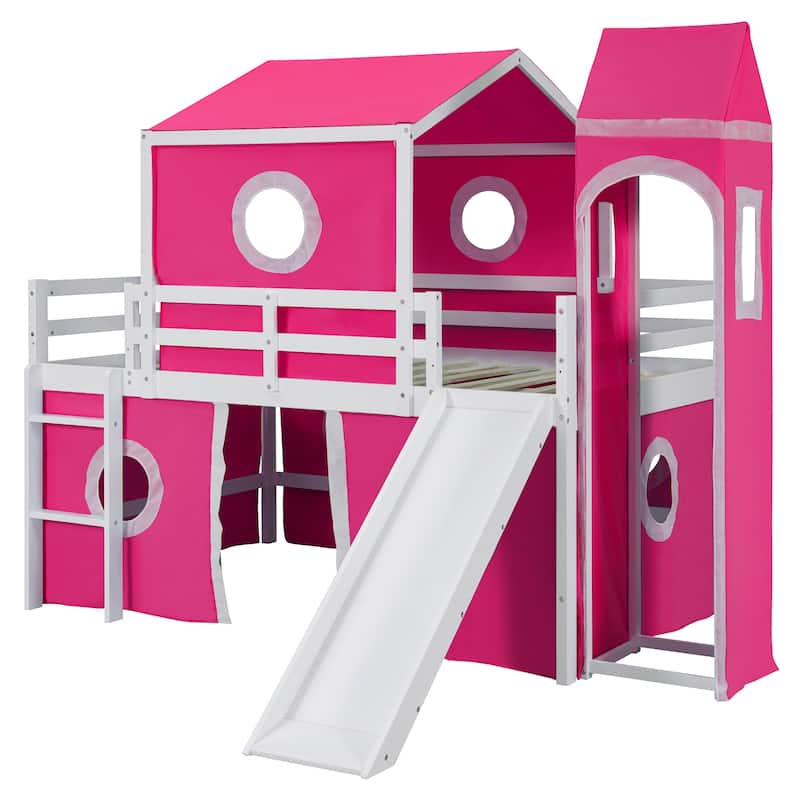 Pink Full Size Solid Wood Loft House Bed with Slide and Ladder