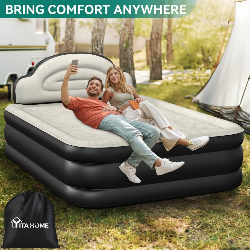 Cloud-shaped inflatable mattress with a built-in power cord, fixed pump head, and inflatable headboard