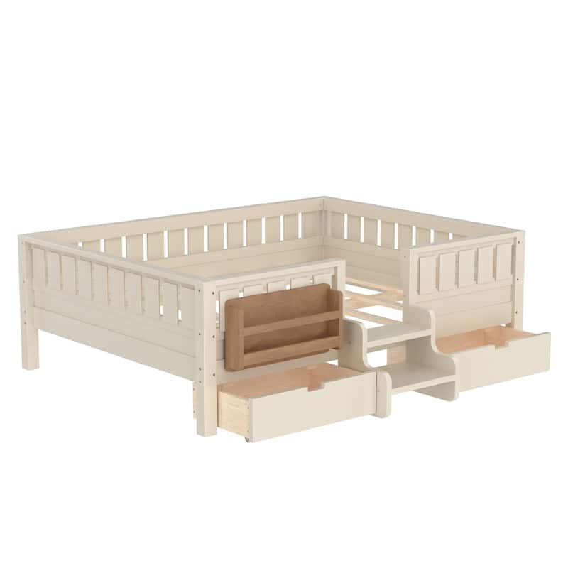 Multiple Colors Toddler Montessori Bed Children's Platform Bed with Low Profile Stairs, Built-in Bookshelf and Storage Drawers