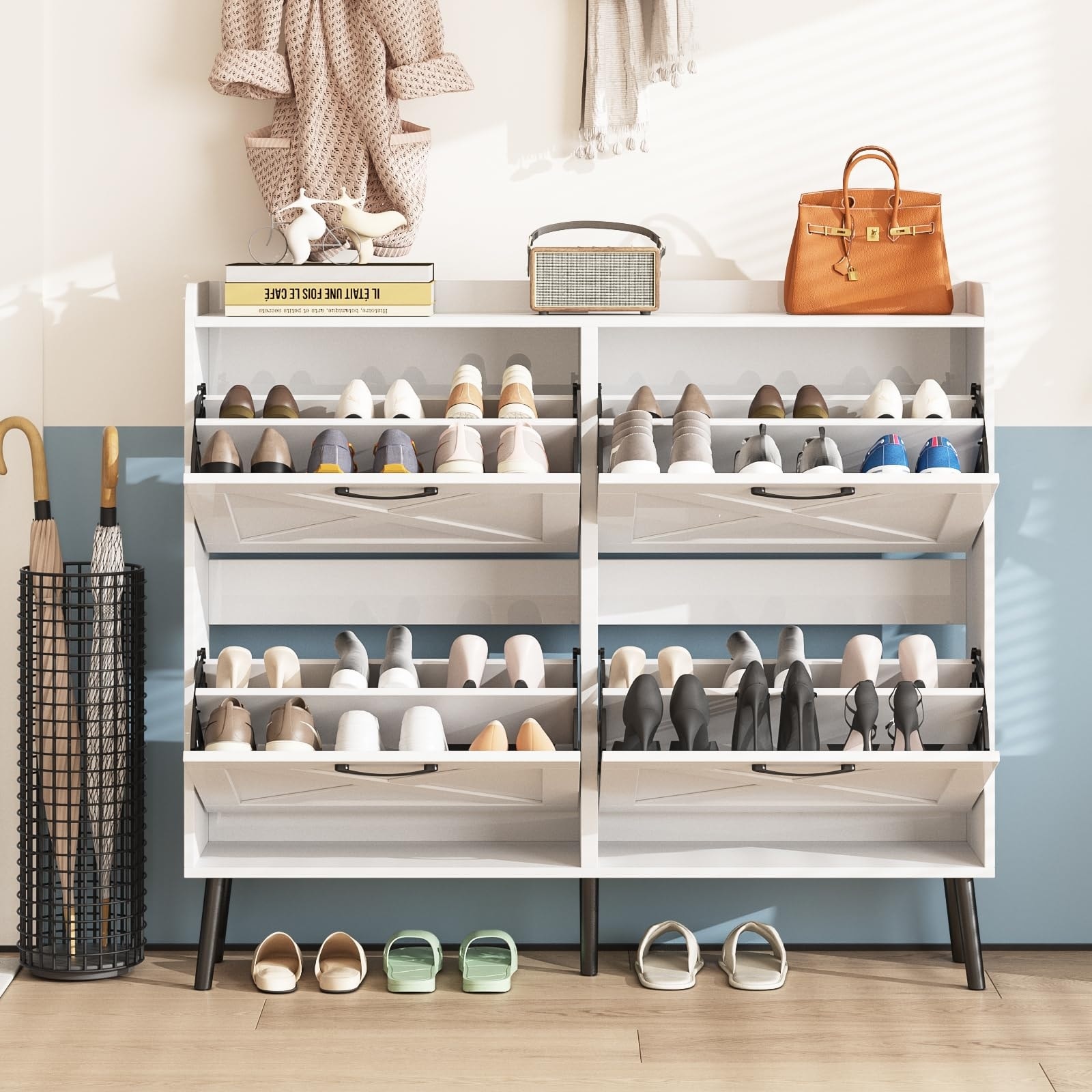 Shoe Cabinet with 4 Flip Drawers Freestanding Shoe Organizer with Metal Drawer Bracket Narrow Shoe Rack Cabinet 5 Legs Washed Grey