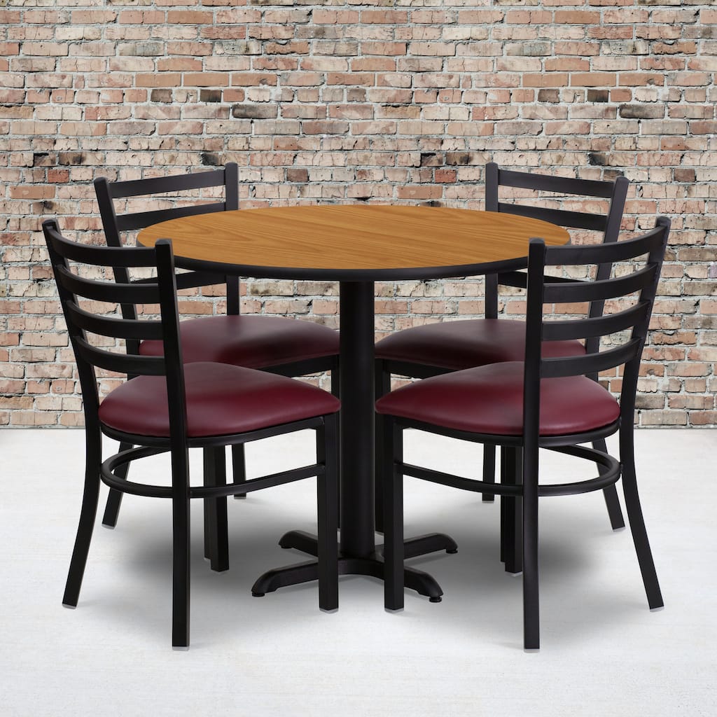 36'' Round Laminate Table Set with X-Base and 4 Ladder Back Metal Chairs