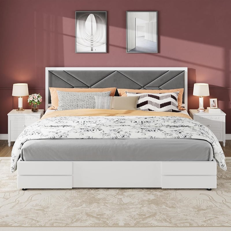 Wooden Bed Frame with Fabric Upholstered Headboard
