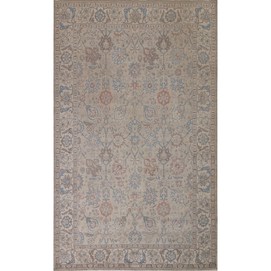 Beige Distressed Tabriz Persian Vintage Area Rug Handmade Wool Carpet - 7'6" x 10'9"