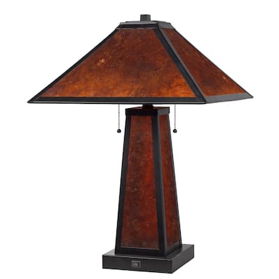 24" Contemporary 2-Light Metal Table Lamp with Amber Mica Shade and E26 Socket for Bedroom or Office - 23.5" H x 16" W x 16" D