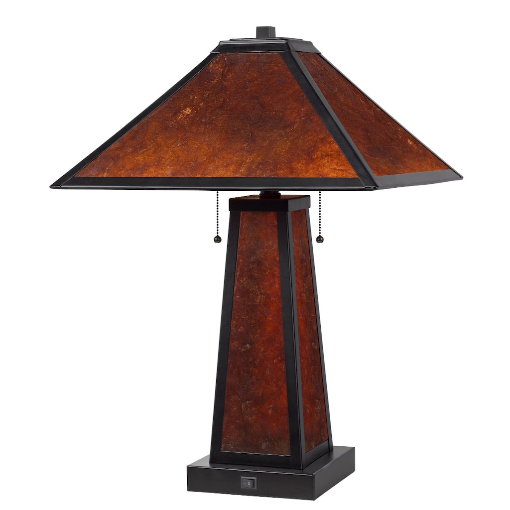 24" Contemporary 2-Light Metal Table Lamp with Amber Mica Shade and E26 Socket for Bedroom or Office - 23.5" H x 16" W x 16" D