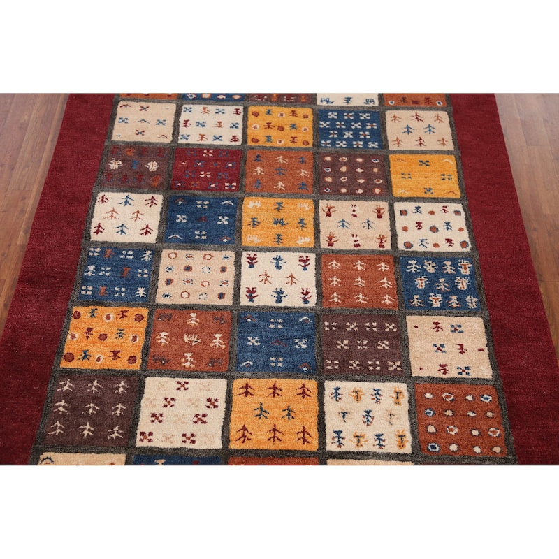 Tribal Geometric Gabbeh Indian Area Rug Red Hand-Tufted Wool Carpet - 5'3" x 7'7"