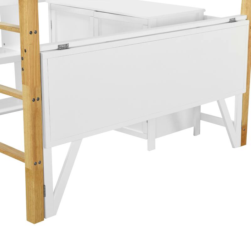 Solid Wood Loft Bed with Built-in Storage and Foldable Desk
